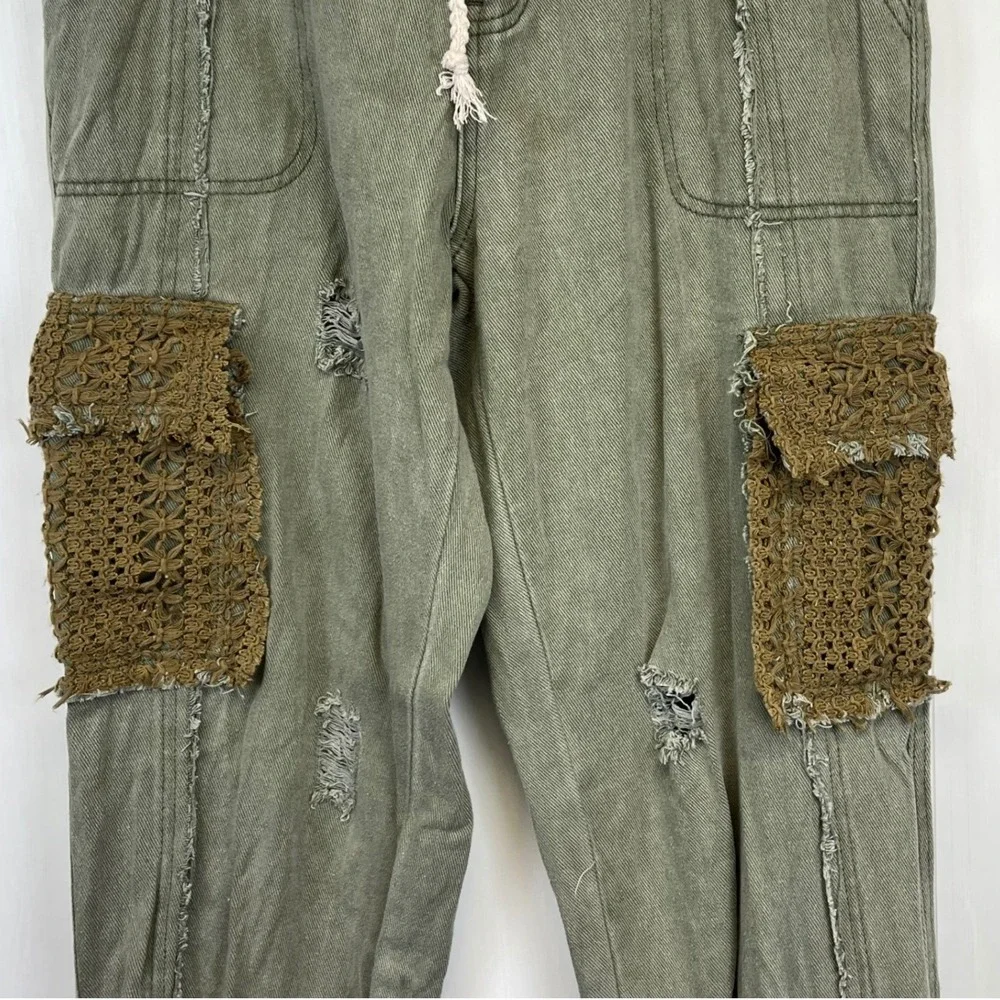 POL Elliot Joggers Small Crochet Lace Distressed Cargo Patch Pants Boho Festival